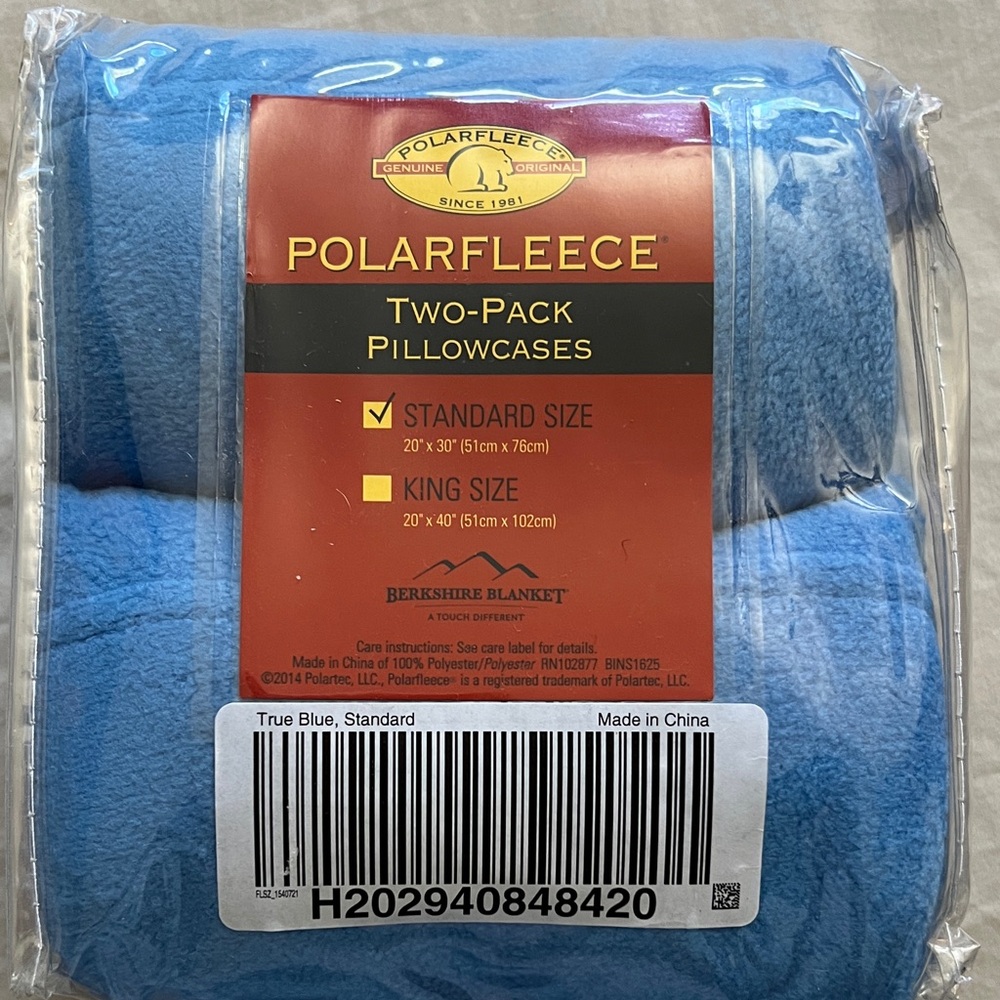 Polar fleece standard size two pack pillowcases. Color is true blue.